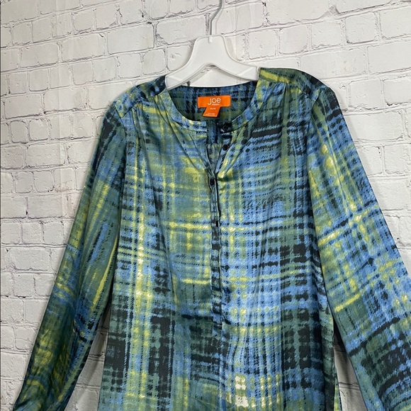 Joe Fresh Blue & Green Plaid-Print Long-Sleeve Abstract Tunic Blouse Medium - Picture 3 of 9